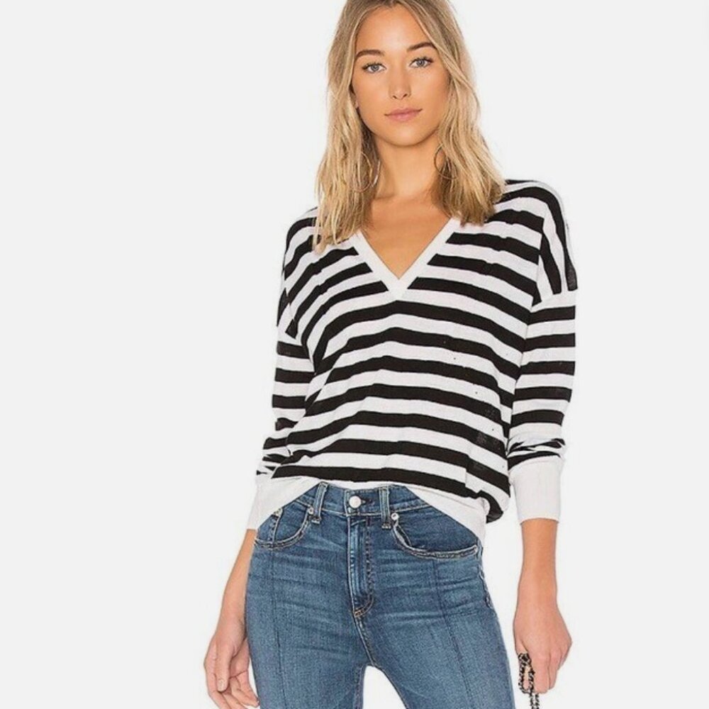 rag & bone Black and White Striped V-Neck Sweater